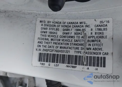 2016 Honda Civic Ex из США, поврежденный, VIN 2HGFC2F76GH551221